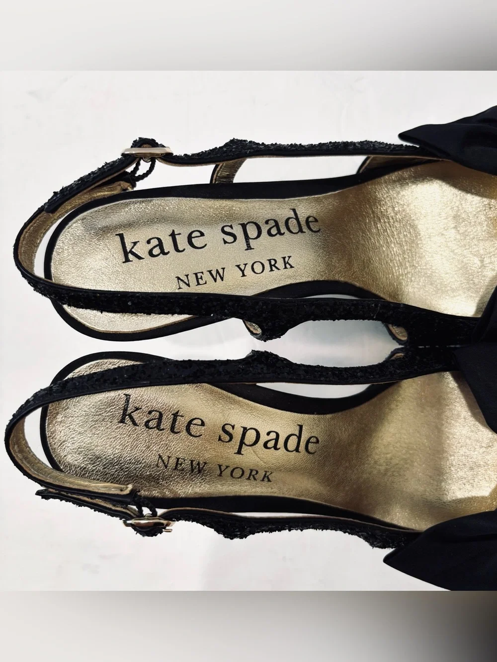 Kate Spade Sheela Black Glitter Silk Bow Slingback Pointed Toe Party Heel Pumps